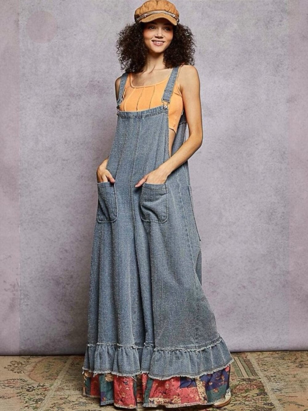 Pol Textured Denim Overalls 100%Cotton Wide-Leg Blue S M L Loose Fit Ruffle Hem